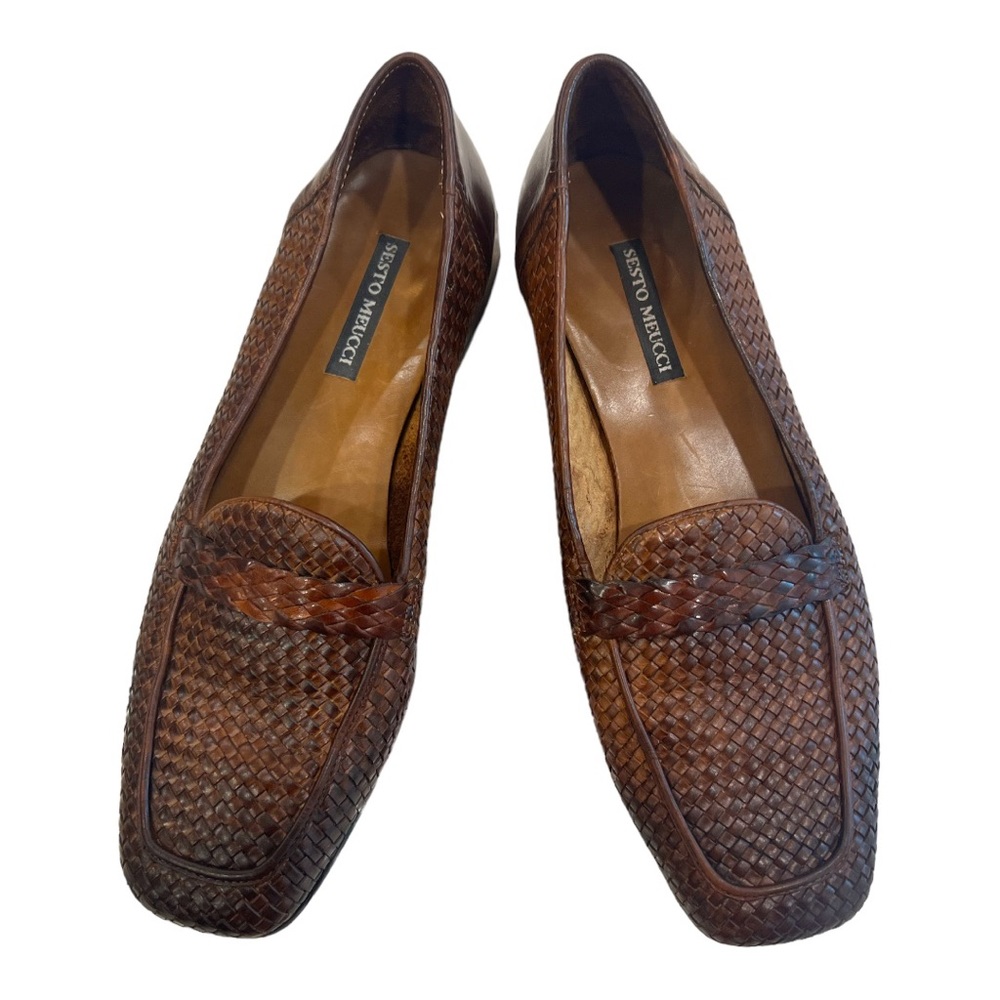 Sesto Meucci Italian made leather woven stacked square toe loafer.